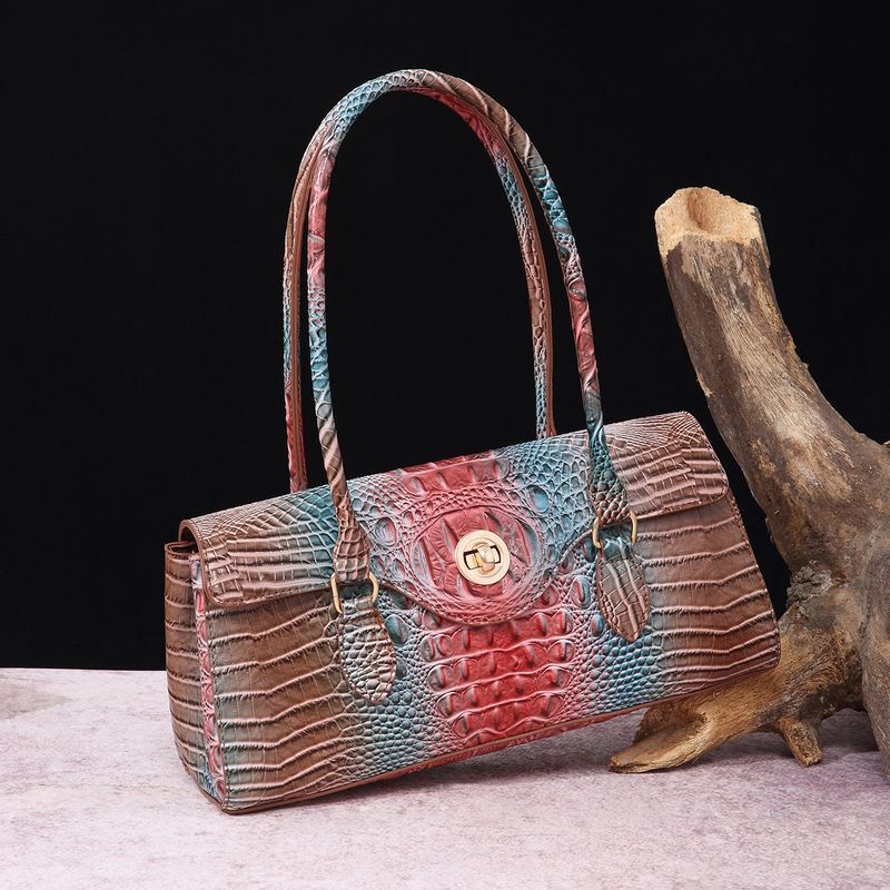 Retro Portable Armpit Baguette Women's Bag Crocodile Pattern Brahmin