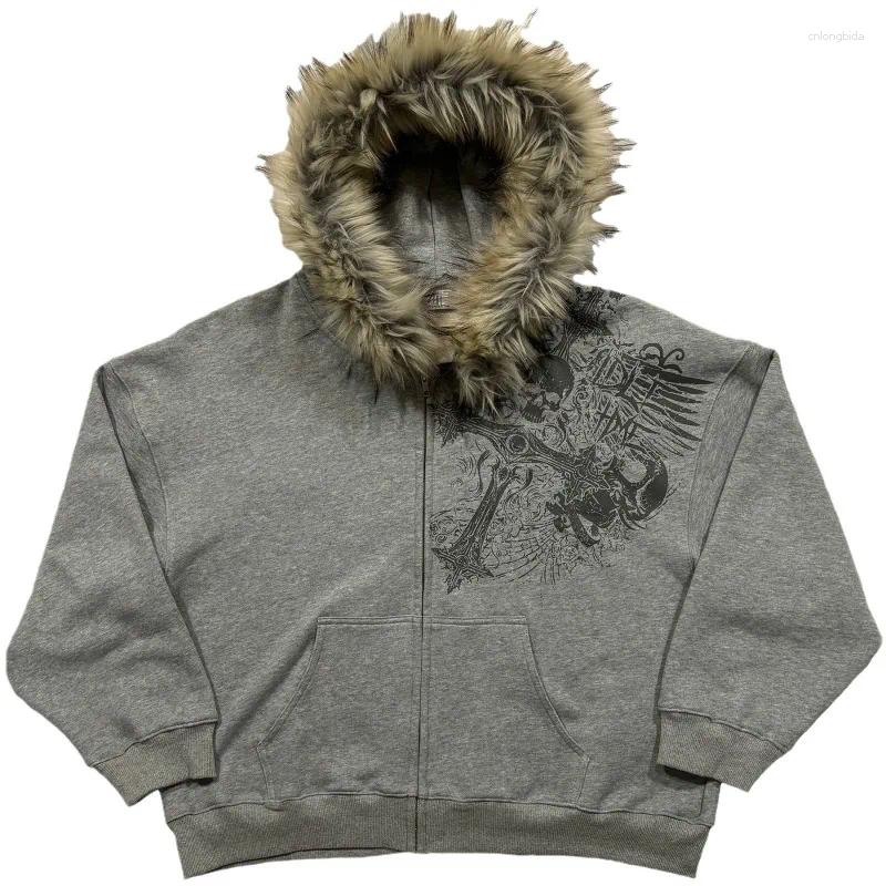 Mens Hoodies Punk Style Casual American Street Fur Hat Printed Pattern Long Sleeved Pullover Tops Retro Jacket Trend Sweatshirts