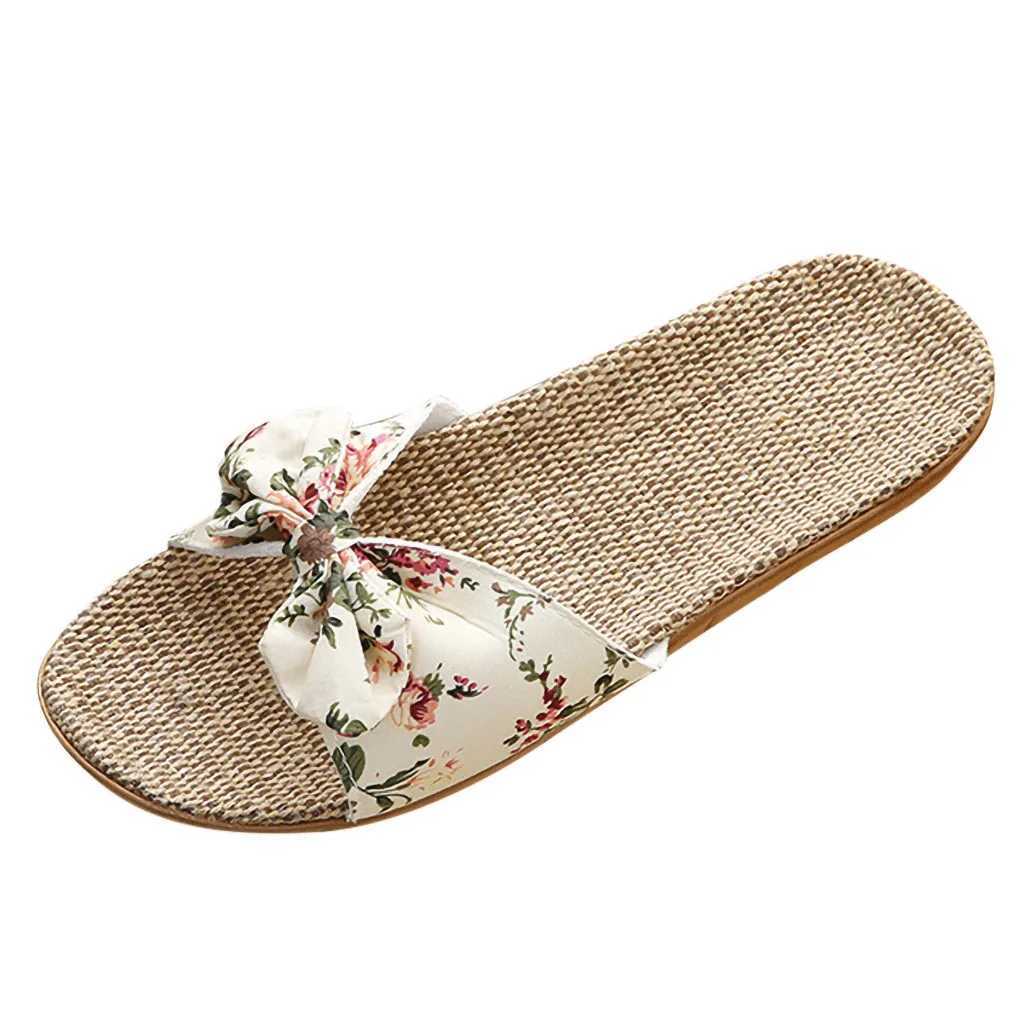 Ladies Bohemian Style Bow Flower Linen Slippers Sandals Beach Shoes Home Shoes Beach Indoor Non Slip Shoes 2024 Z250614
