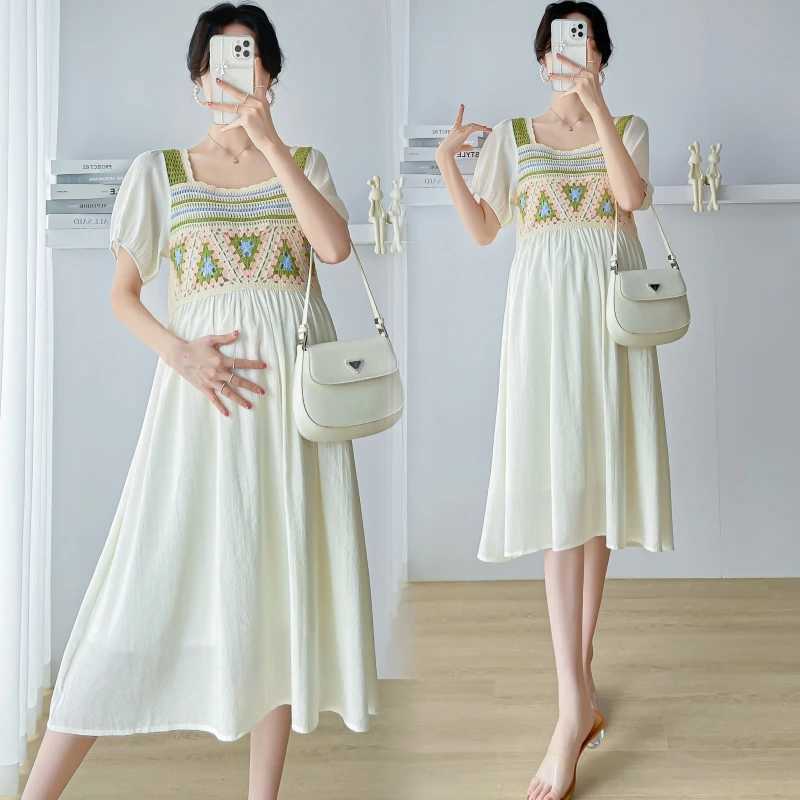 Summer new maternity dress short Sleve Square collar hollow knit splicing work backless maternity chiffon dress W250113