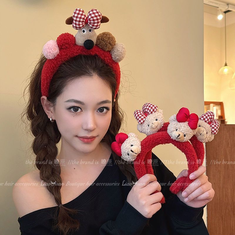 Cute plush bow teddy bear headband for women's face washing anti slip headband new wide edge cartoon decoration headband