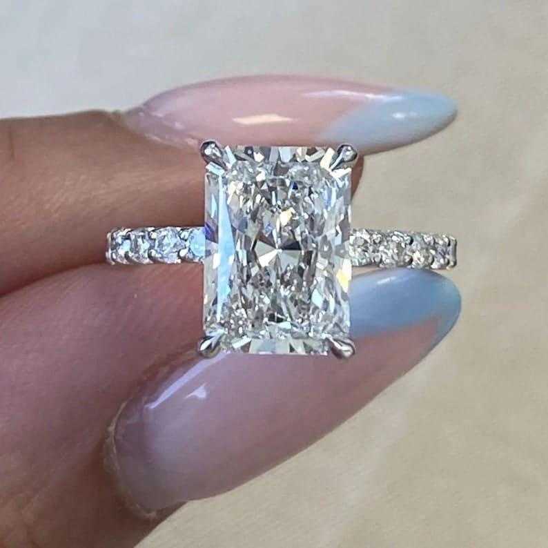 D Colorless Radiant Cut Moissanite Engagement Ring Solid 14K 18K White Gold 3.0CT