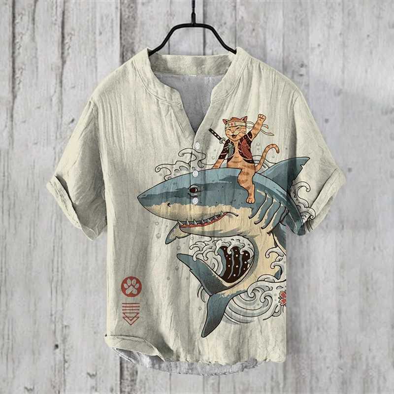 Spring/Summer Mens Shirt Stand Alone Casual Fish Pattern Hawaiian Style Shirt Mens Top 100% Linen W250114