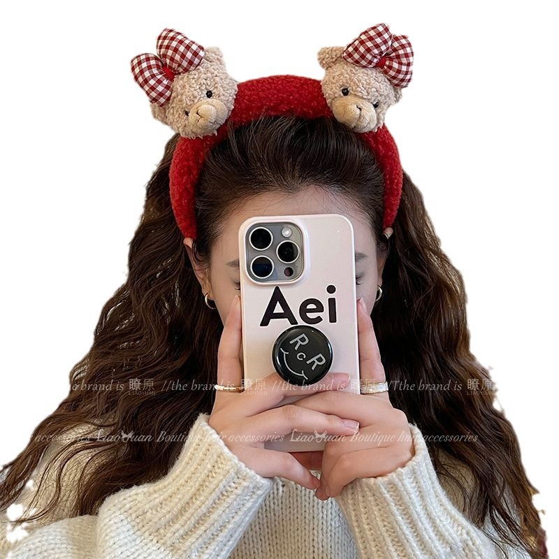 Cute plush bow teddy bear headband for women's face washing anti slip headband new wide edge cartoon decoration headband