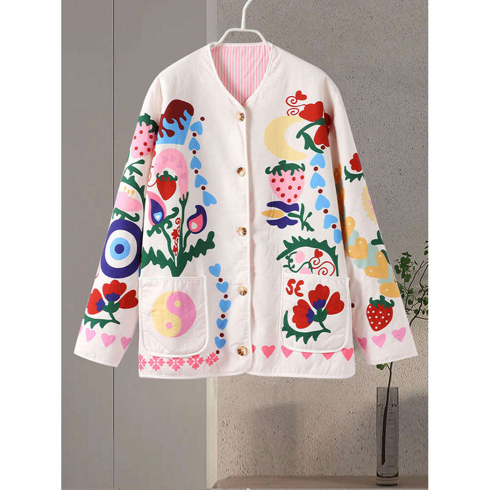 Women's Wear Printed Women's Jacket Autumn Long Sleeve Single Breasted Female Coats Street Fashion Loose O Neck Contrast Lady Outwears