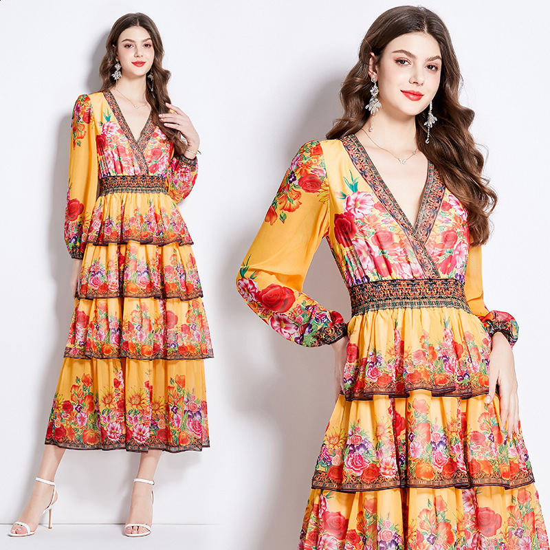 Spring and Autumn Womens Vacation Style Printed V-neck Waist Collection Temperament Cake Long Dress 210514