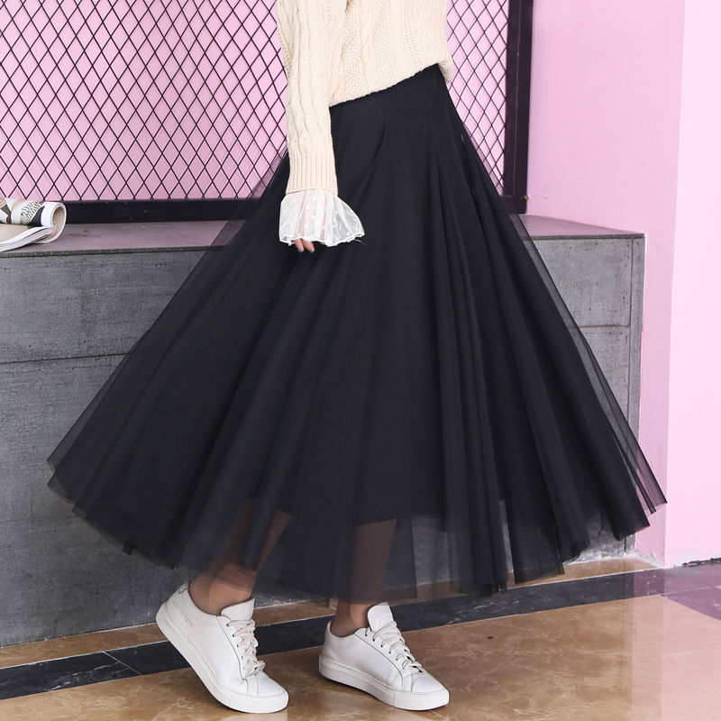 L3140 Large swing skirt Korean version A-line mesh skirt mid-length skirt high waist slim temperament dance long skirt