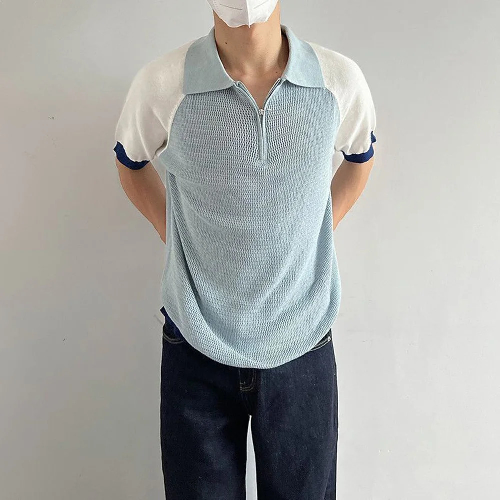 Polo shirt retro Y2k contrasting color patchwork T-shirt youth energy trend knitted breathable daily slim fit short sleeved top for summer 250109