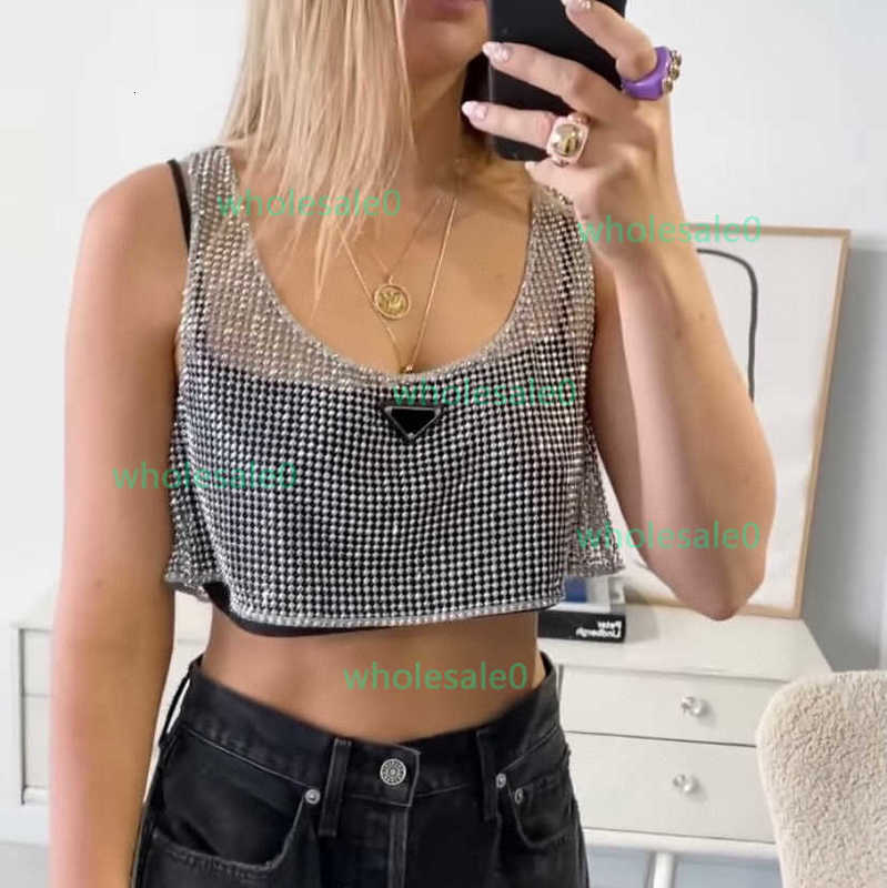 Designer Tank top Women's Summer classic logo Brand Mesh Hollow Hot Diamond Sexy Perspective Tank Top Two Piece Set 4HCT
