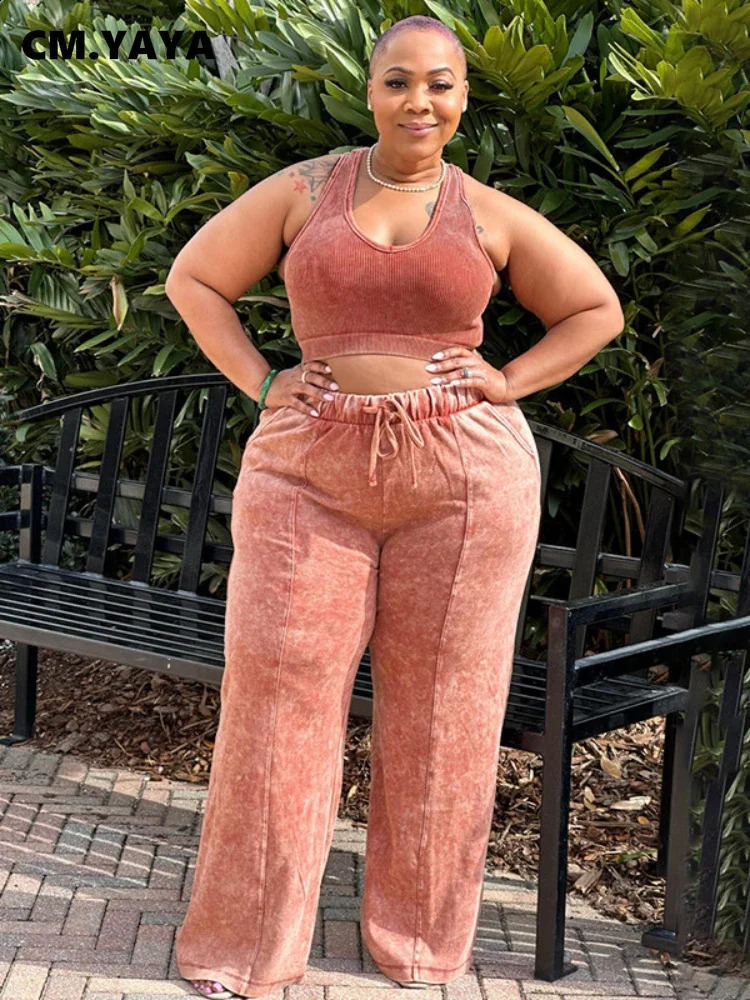 CMYAYA Plus Size Tie Dye Print Womens Set Sleeveless Mini Top Wide Leg Straight Pants Washed Two 2 Piece Outfit Tracksuit 250109
