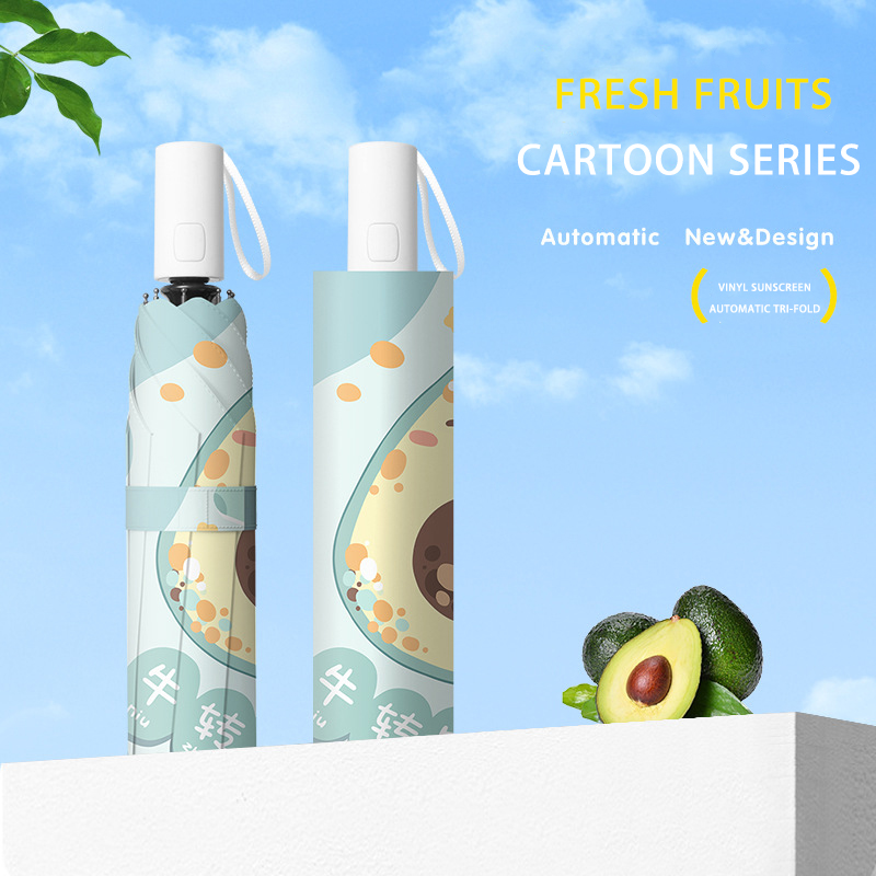 Lightweight Manual Black Vinyl Sunshade Umbrella Featuring Adorable Fruit Patterns - Durable Two-in-One Foldable Student Accessory