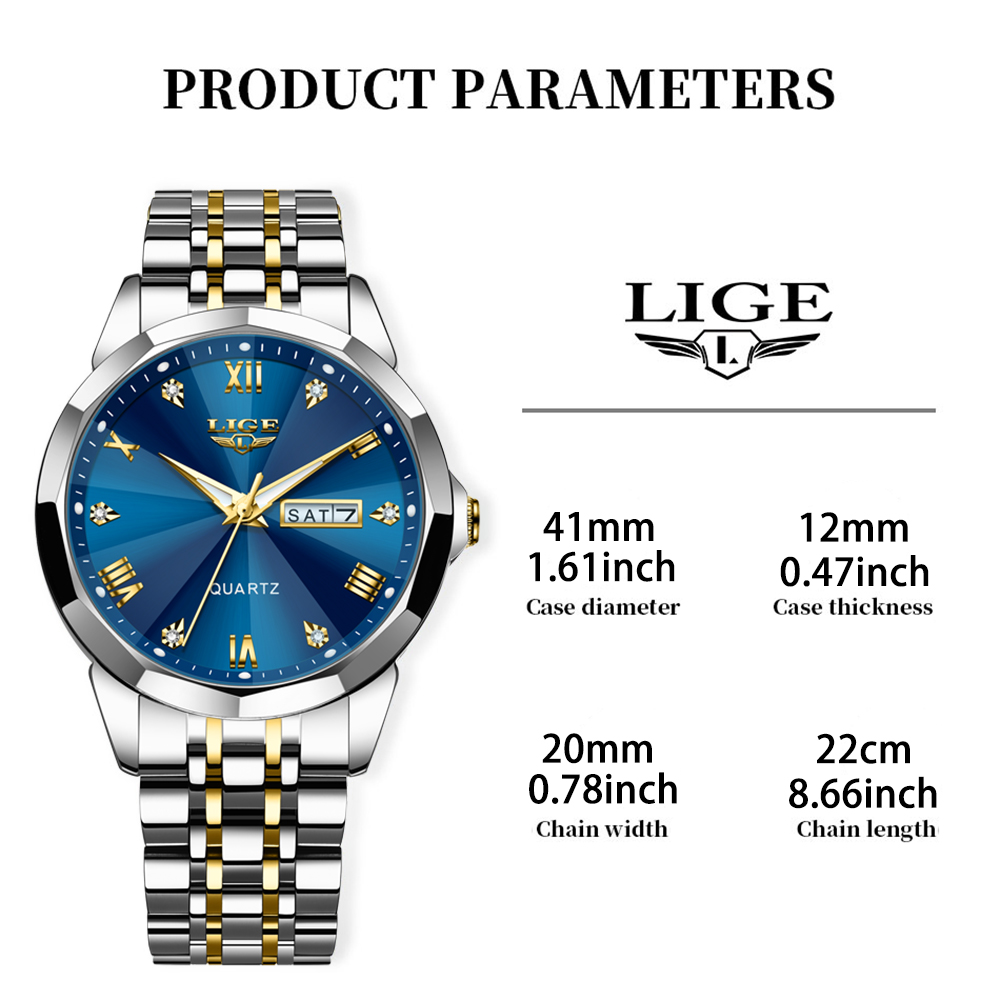 LIGE Men's Quartz Watch Classic Business Watch Double Calendar Three Pin Watch Stainless Steel strap Teen Watch Student Watch