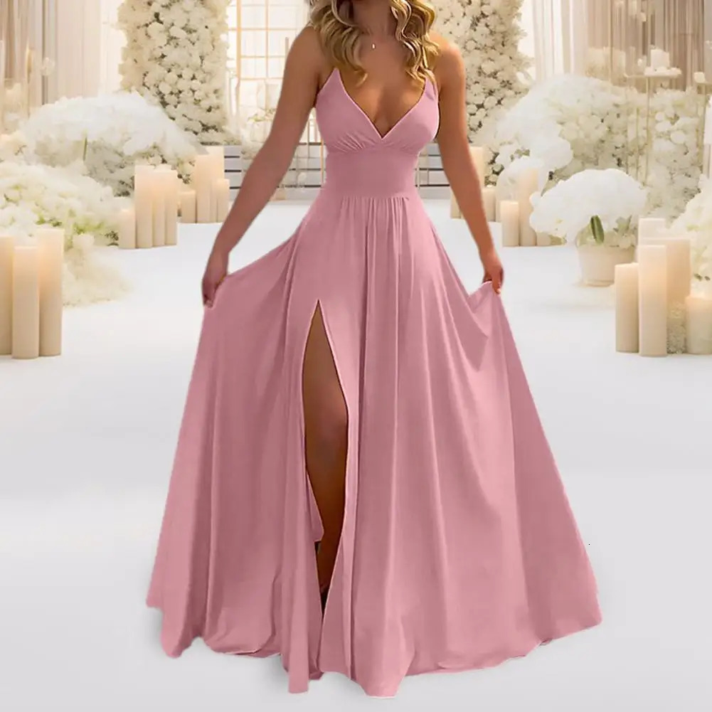 Women Party Dress Off Shoulder Lowcut V Neck Sleeveless Ball Gown Solid Color Split Hem Pleated Tight High Waist Evening 250103