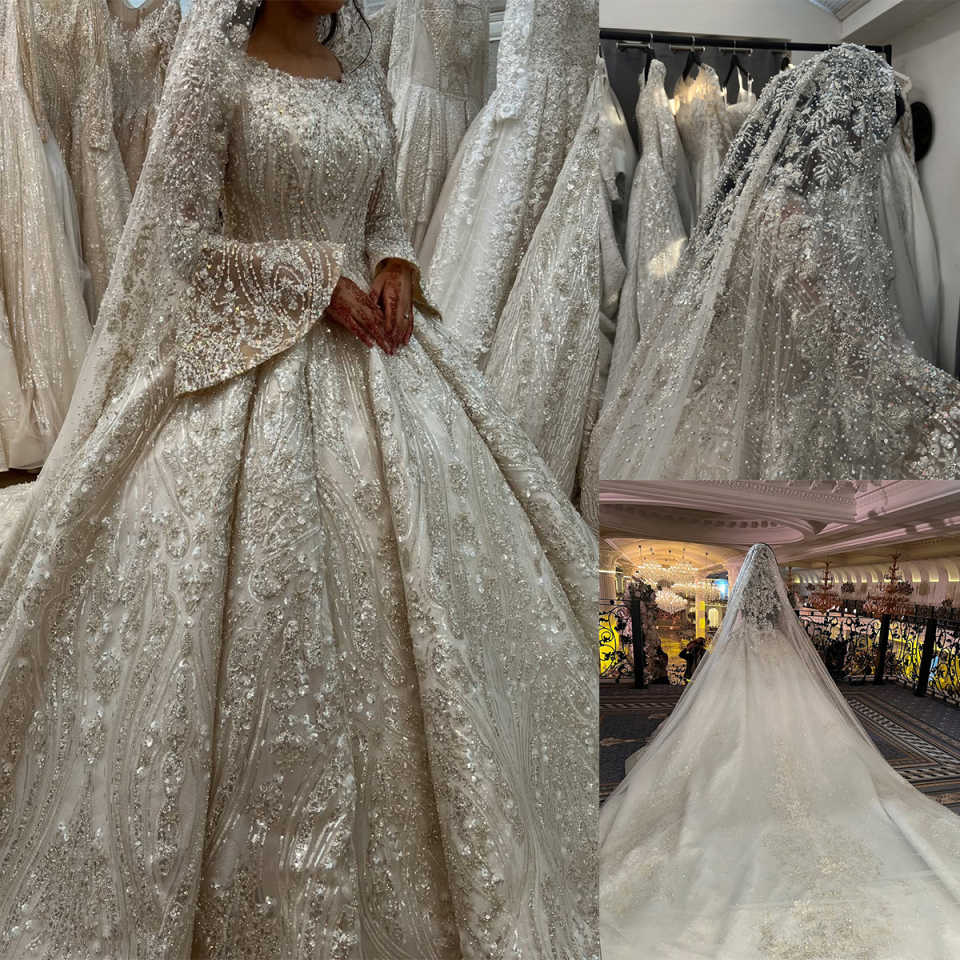 A Gorgeous E Wedding Dress For Women Sequins Beads Long Sleeves Bridal Gown Sweep Train Dresses Customized Vestido De Novia es