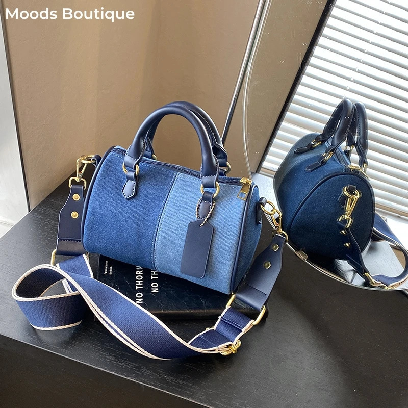 Patchwork Colorblock Mini Handbags For Women Denim Shoulder Cross Body Bags Casual Street Small Boston Bag 2024 Purses 250107