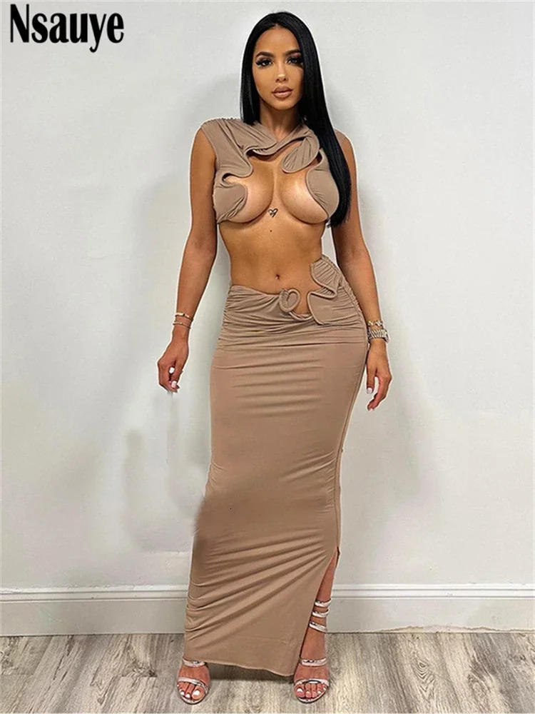 Nsauye Sexy Fashion Women Y2K Hollow Out Club Vest Tops Long Ruched Elegant Dress Skirt Two Piece Set Summer Outfits 250113