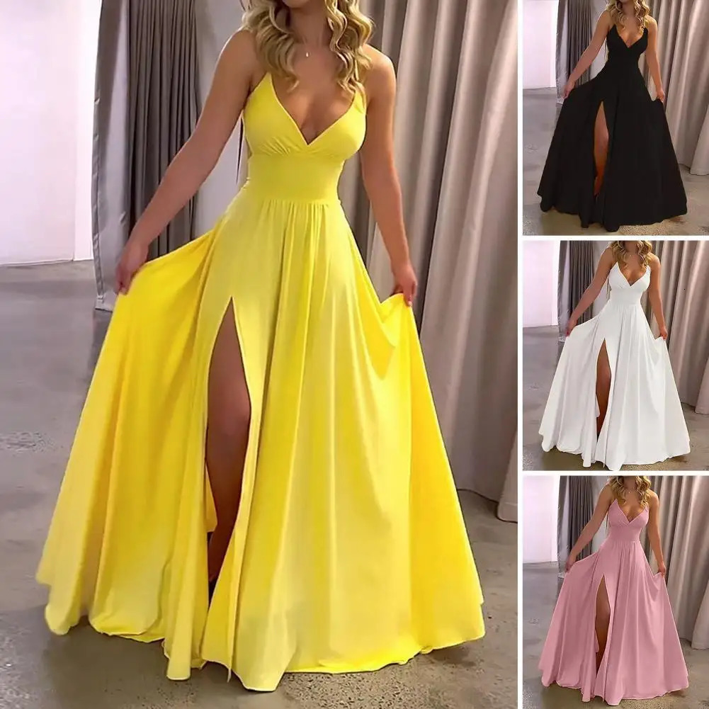 Women Party Dress Off Shoulder Lowcut V Neck Sleeveless Ball Gown Solid Color Split Hem Pleated Tight High Waist Evening 250103