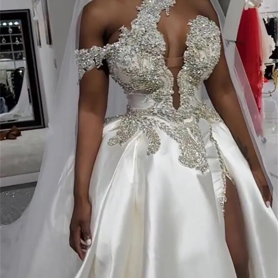 One-Shoulder Crystallized High Split Wedding Dress - Sexy Satin A-Line with Sweep Train