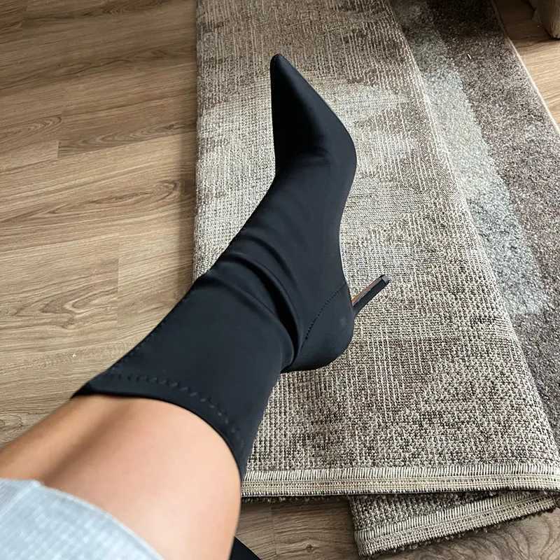 Women 7.5cm 10cm High Heels Winter Thermal Boots Green Low Heels Streh Silk Ankle Boots Lady Warm Pointed Toe Sexy Party ShoesXJ250217