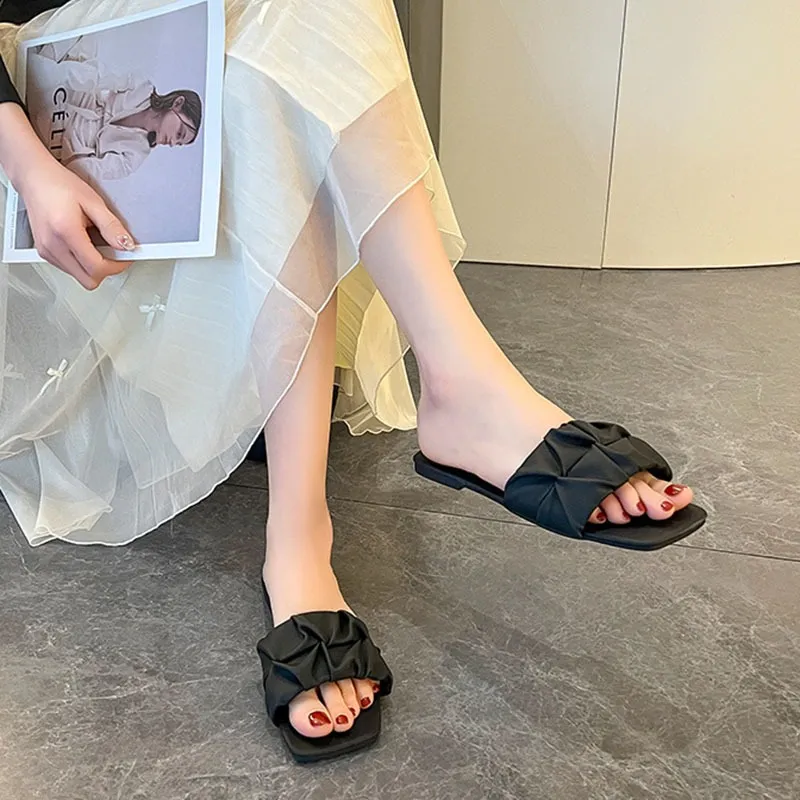 Summer Slippers for Flip ps Flats New Pleated Korean Slipper Women Sandals Green Slip on Shoes Big Size 35-43 Slides
