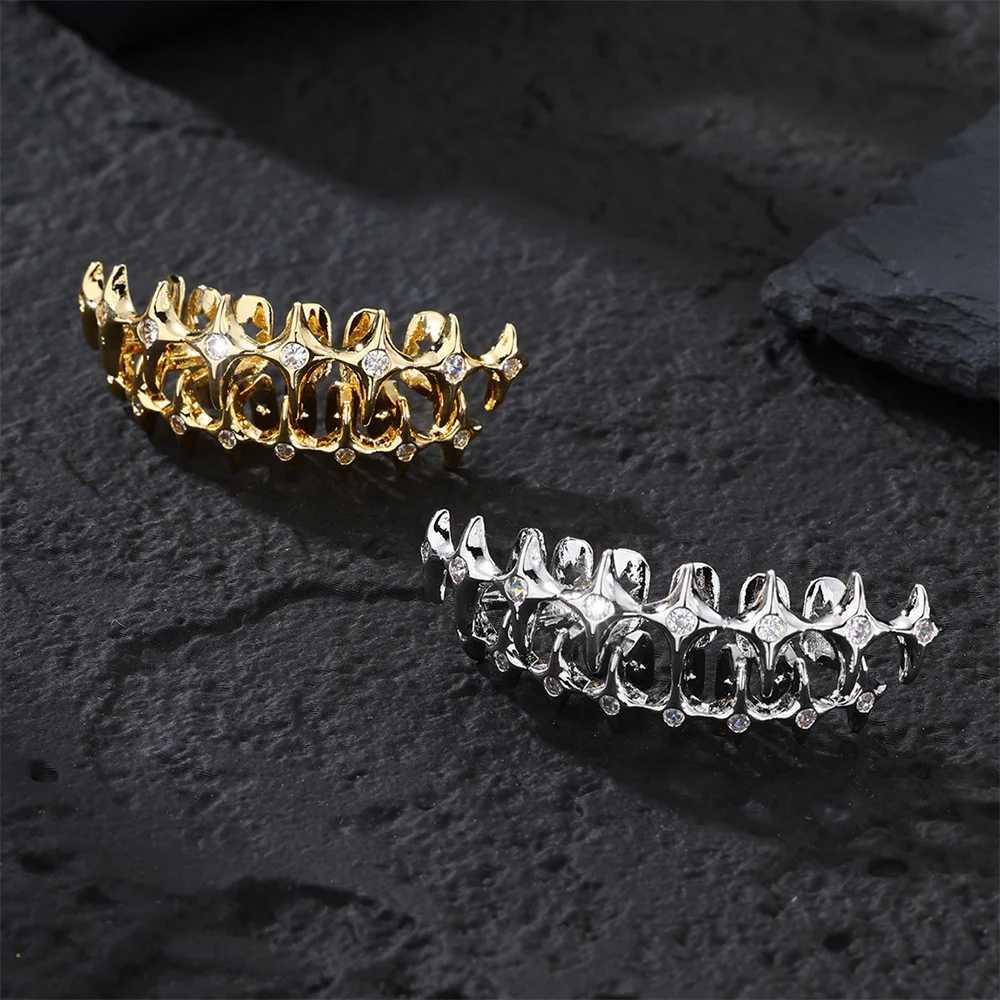 Hip Hop Iced Out Golden Grillz Teeth For Men Cosplay Skeleton CZ Stones Inlaid Dentist Decor Rapper Fashion Teeth JewelryXJ250114