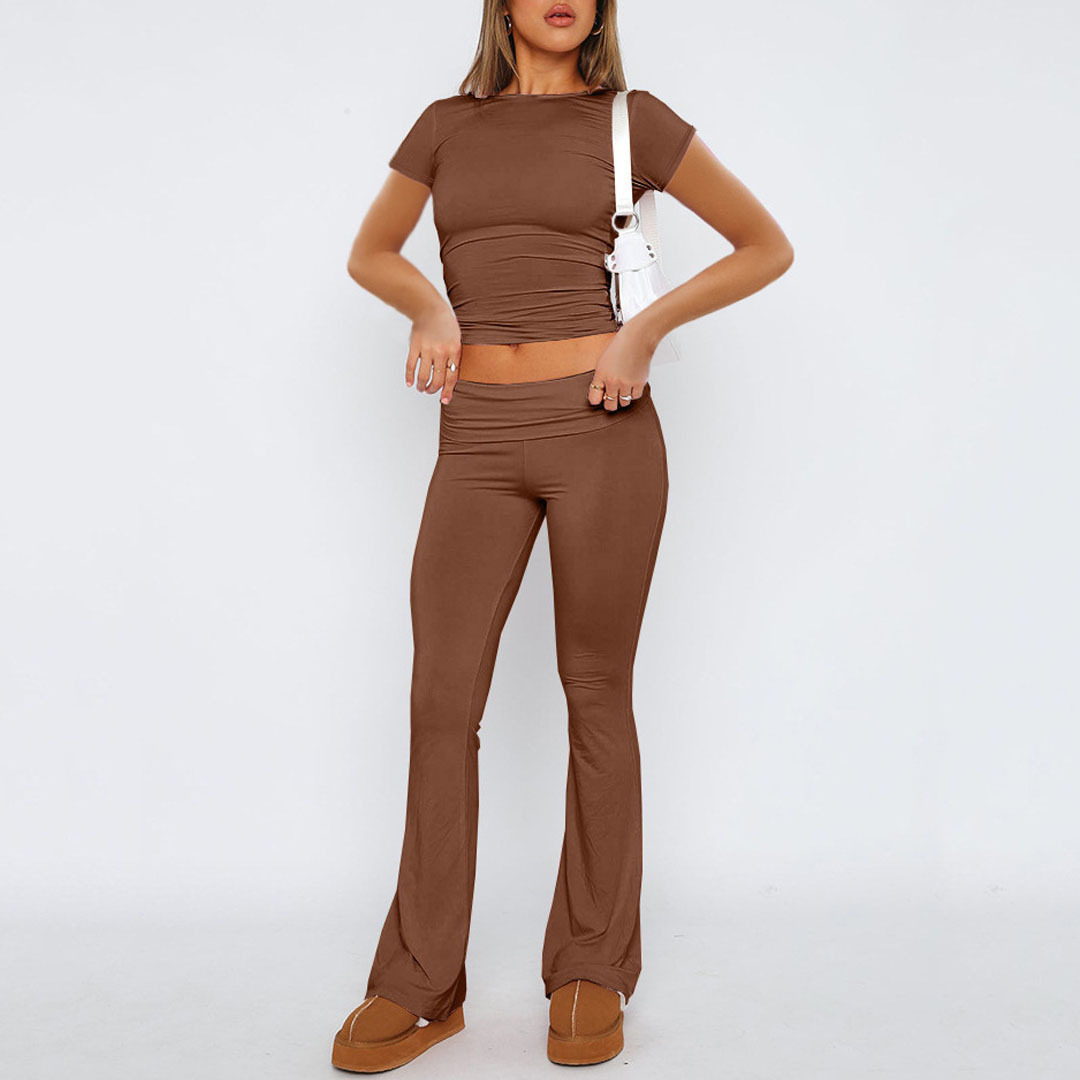European and American women's fitness new clean color sports and leisure long sleeved fashionable versatile pants two-piece set yoga suit