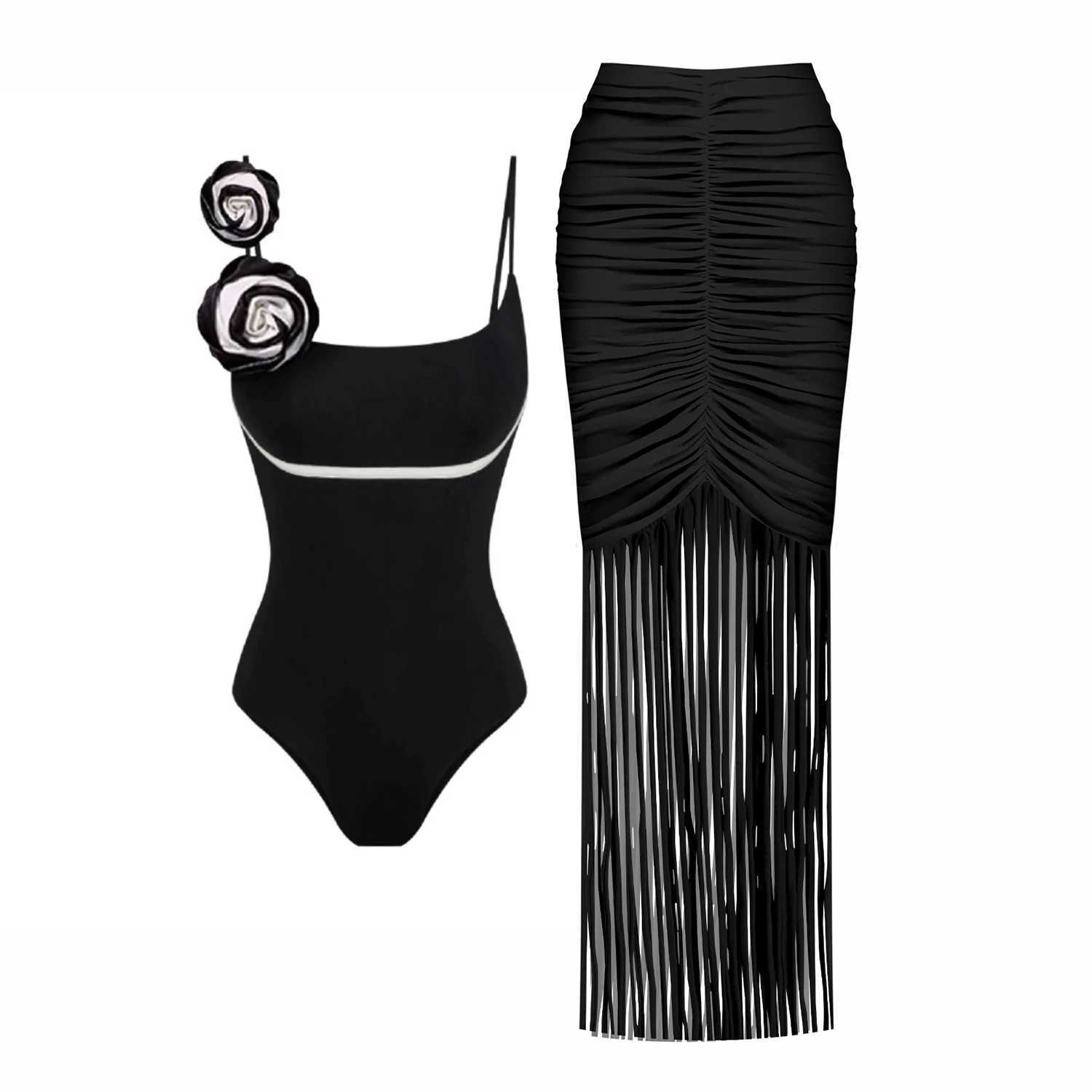 Women's Swimwear Black and white swimsuit with lid sexy womens 2025 retro single shoulder slimming fashionable beachwear H250114