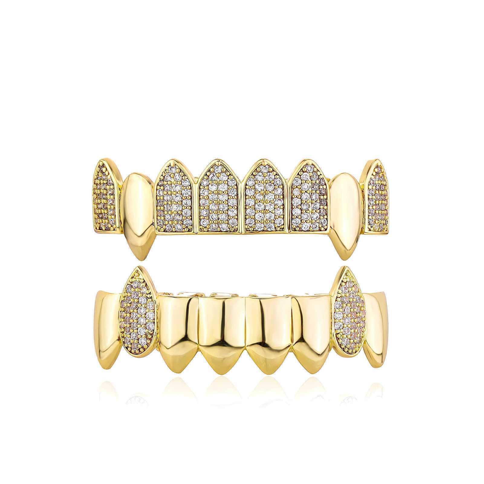 Hip Hop Punk Bling Teeth Grillz Set Iced Out Grillz Caps Cubic Zircon Micro Pave Top Bottom Charm Grills For Men Women JewelryXJ250114