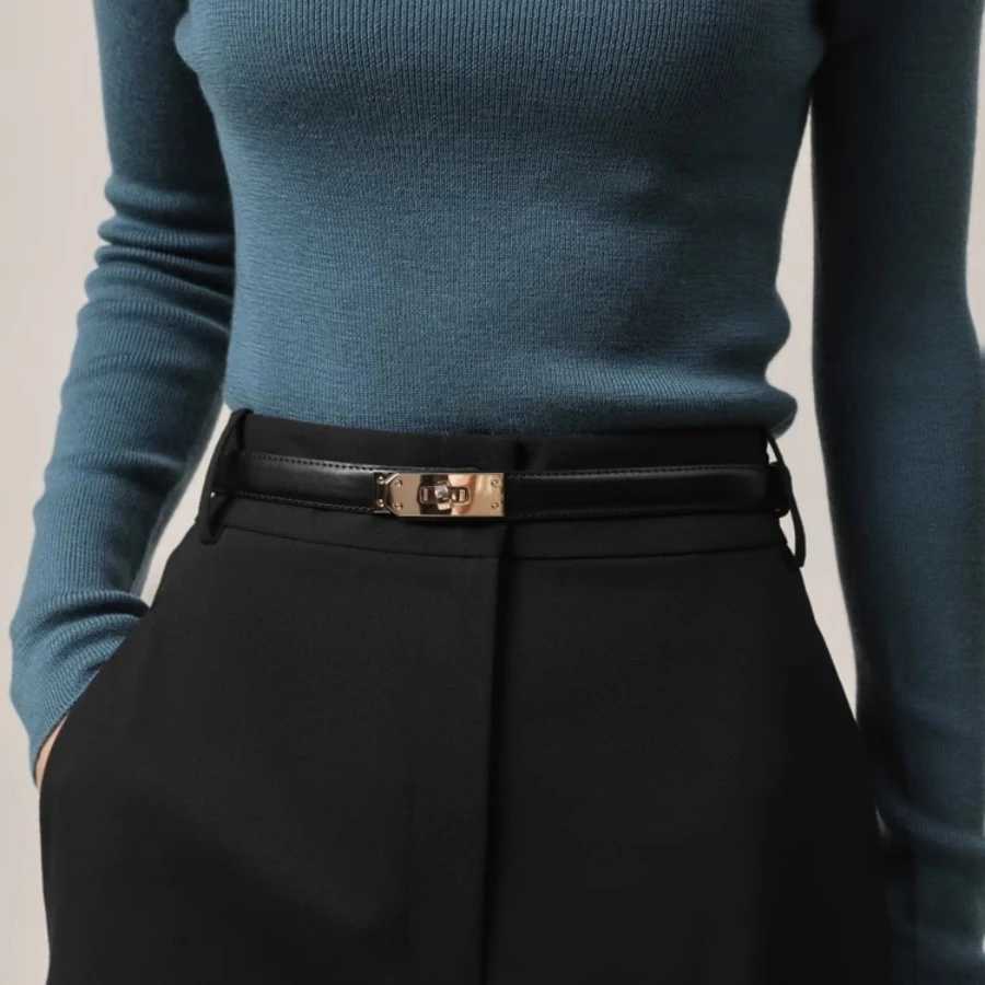 Womens Genuine Leather Belts For Jeans Dres Pants Skinny Waist Belt with Adjustable Gold Turn-Lock BuckleXJ250114