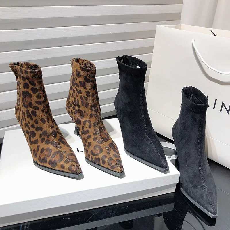 Sexy Pointed Toe Womens Boots Fi Leopard Thin High Heels Ankle Boots Women Flock Party Shoes Back Zip Modern Short BotasXJ250115