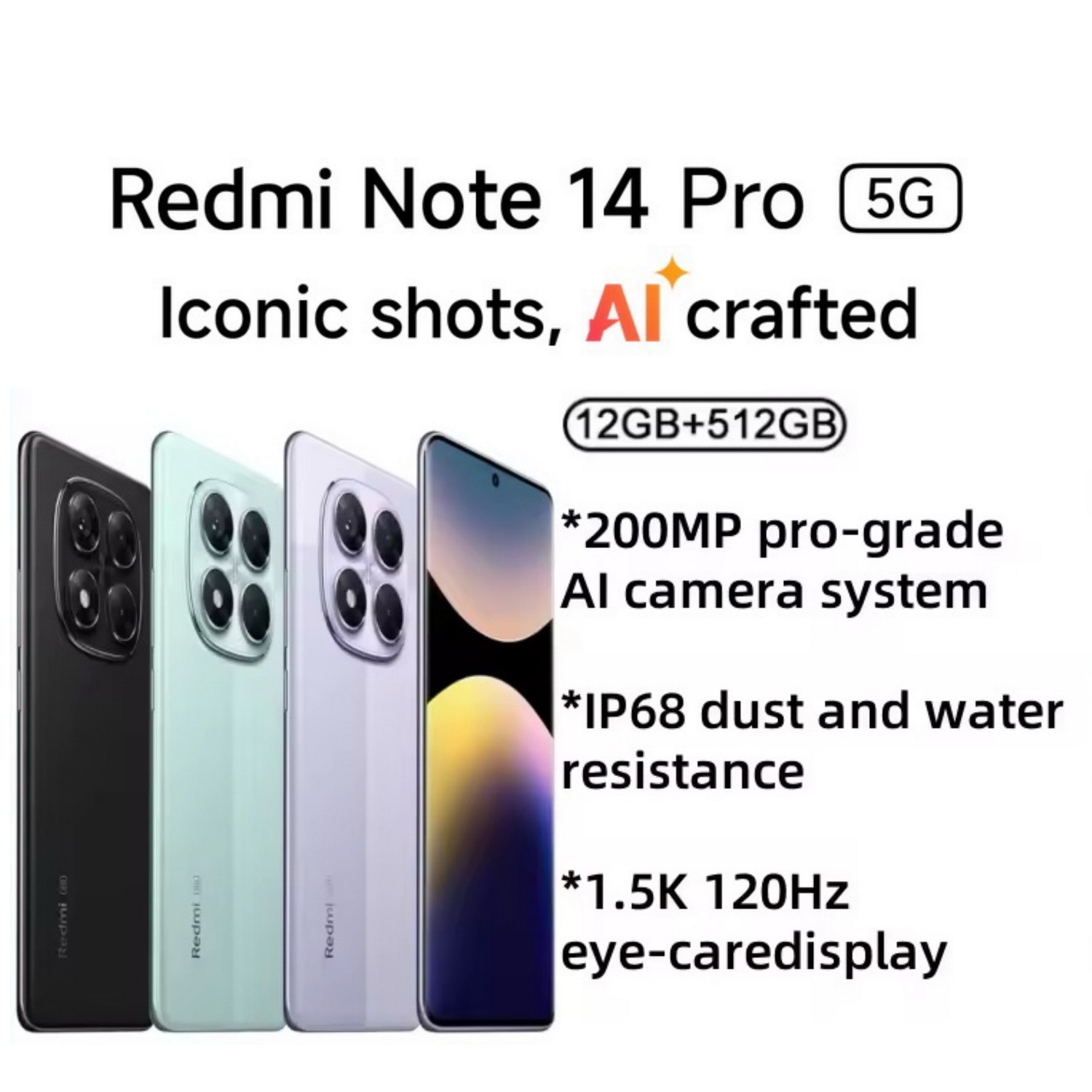 Global Version Xiaomi Redmi Note 14 Pro 5G Smartphone,12GB+512GB,6.67",200MP Pro-Grade AI Camera System, IP68,45W Turbo Charging With 5110mAh Bat