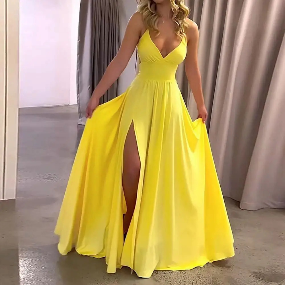 Women Party Dress Off Shoulder Lowcut V Neck Sleeveless Ball Gown Solid Color Split Hem Pleated Tight High Waist Evening 250103