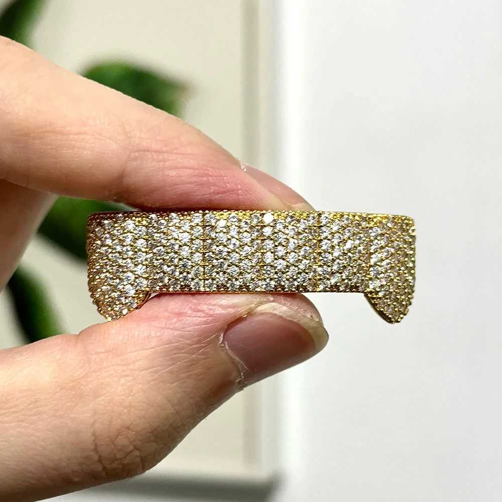 RACHELZ Geometric Rectangle Full CZ Stone Teeth Grillz Caps Gold Silver Color Zircon Tooth Grills For Women Men JewelryXJ250114