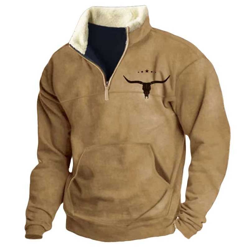 Mens Bullhead Print Half-zip Sweatshirt Autumn and Winter Warmth Hoodie Casual Trendy Long Sleeve Pullover As Gift W250114