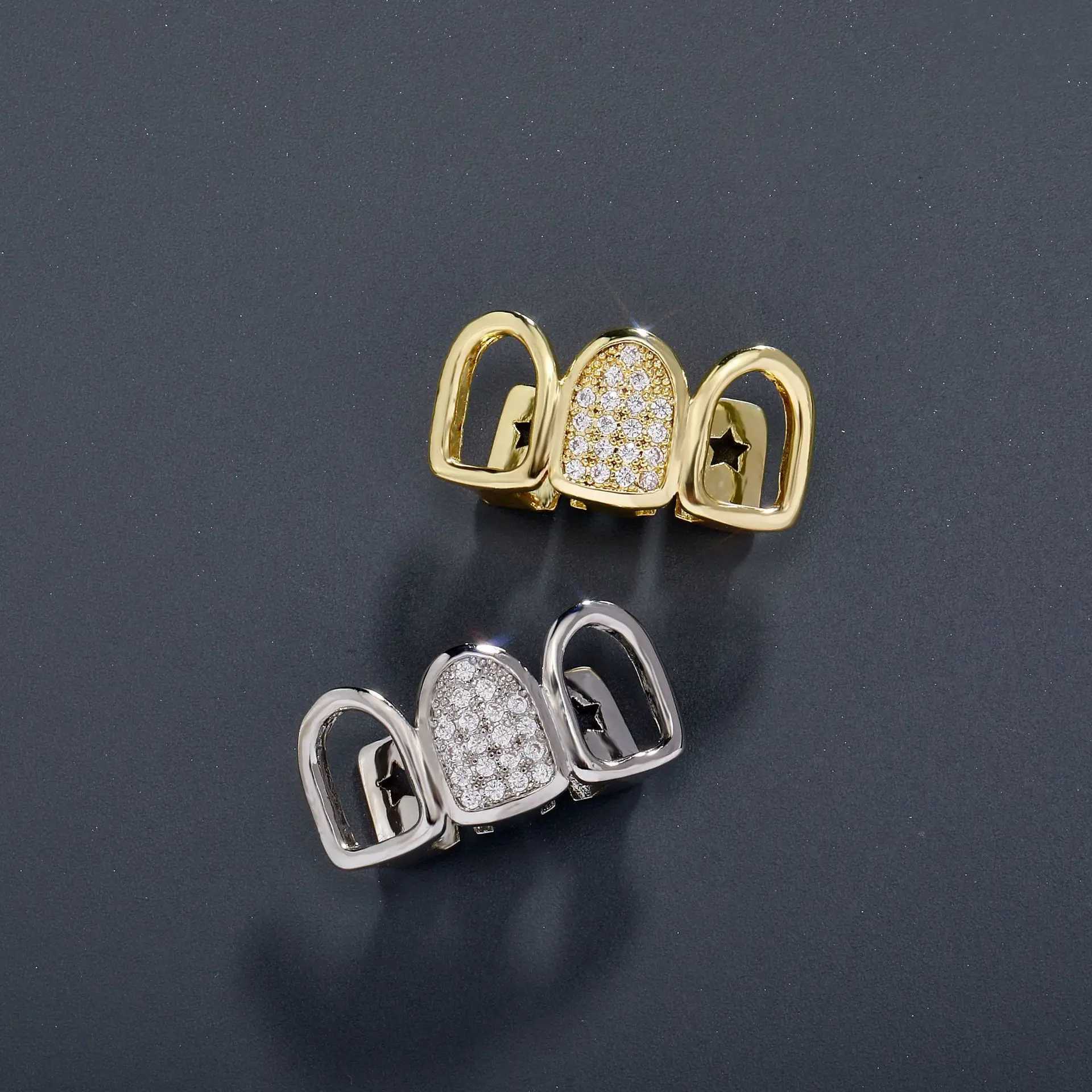 RACHELZ Trend Mixed 3 Hollow CZ Stone Tooth Grillz Top Hip Hop Cubic Zircon Teeth Caps For Women Men Body JewelryXJ250114