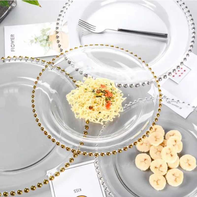 Plates Nordic Gold Beads Glass Plate Charger Decorative Salad Fruit Dish Transparent Serving Tray Wedding Dinner Event Supplies