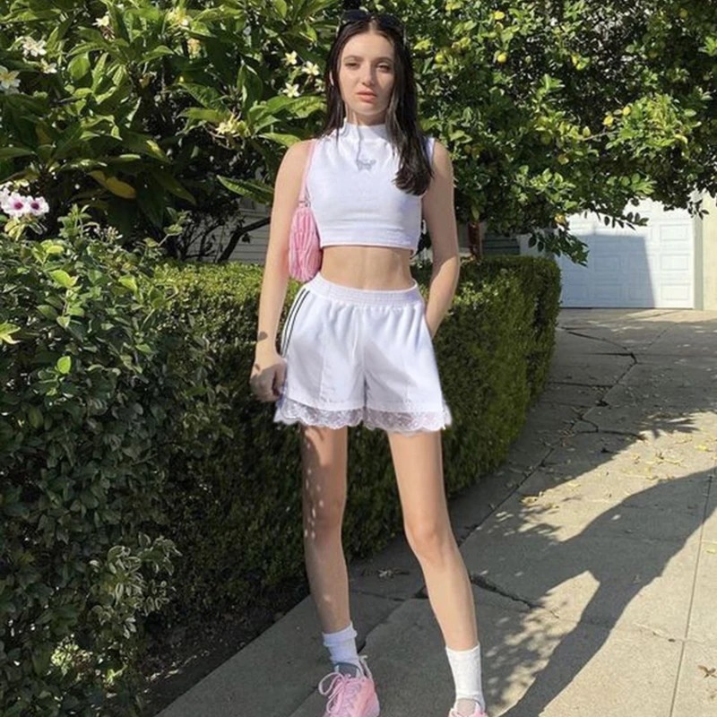 BIIKPIIK Side Striped Lace Streetwear Shorts for Women Contrast Color Sporty Casual Elastic Waist Short Pants Allmatch Bottoms 250107
