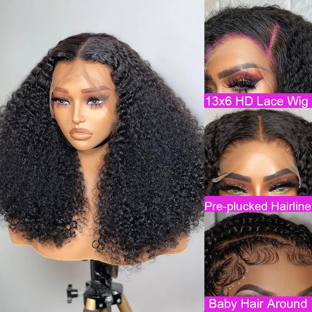 Free shipping Brazilian Black Glueless Afro Human Ready To Wear Kinky Curly 13x6 HD Lace Frontal Wig Pre Plucked with Baby Hair for Women