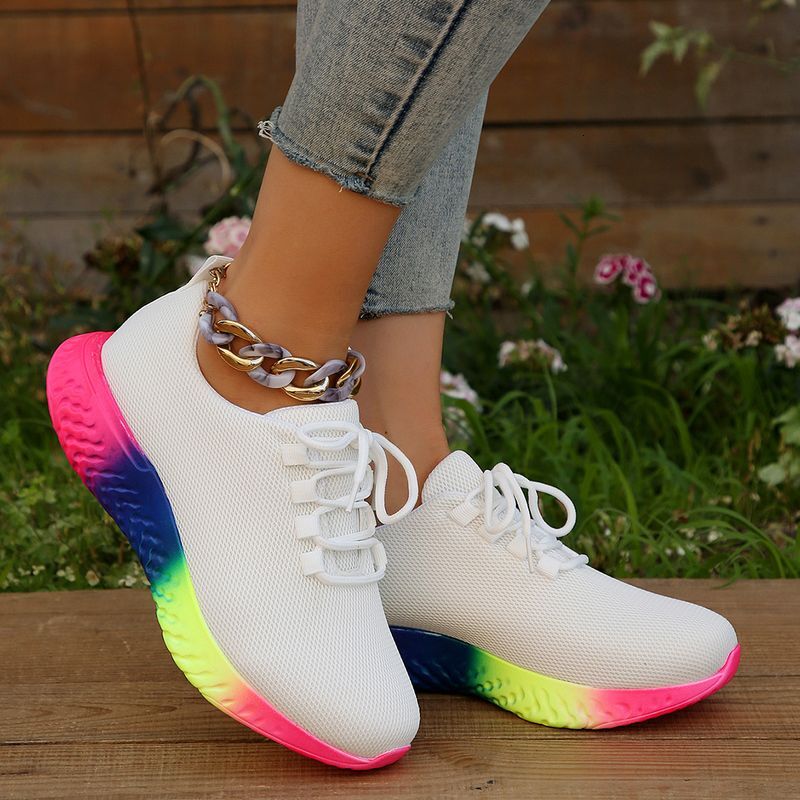 Spring And Summer New Large Size Rainbow Single Women's Casual Thick-Soled Lace-Up Knitted Sports Shoes Women