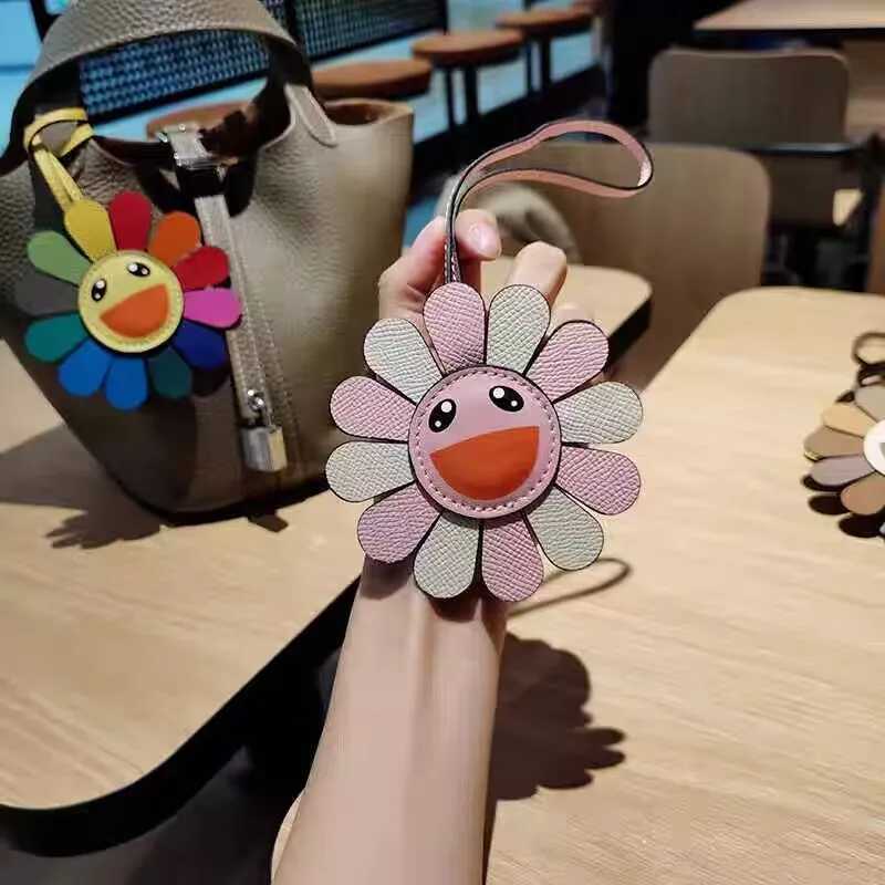 Keychains Lanyards Fashion Genuine Leather Rainbow Flowers Colorful Sunflower Keychain Bag Charm Pendant Ornament Holder Accessories H250217