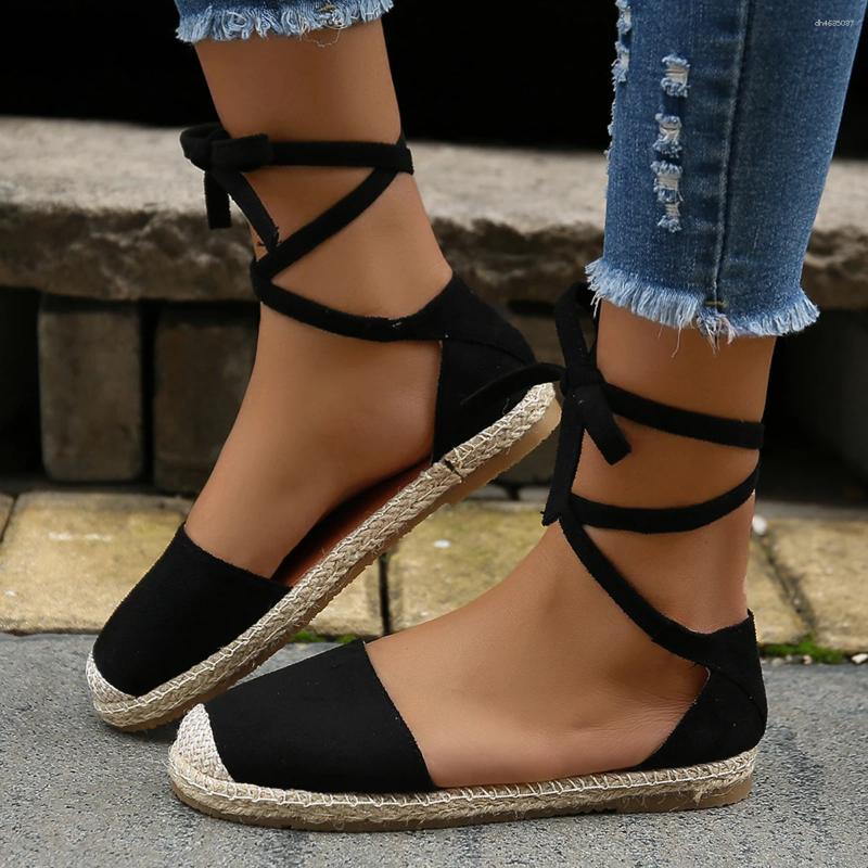 Sandals 2025 Summer Fashion Women Round Toe Solid Casual Shoes Flat Ankle Lace Up Rattan Straw Sole Roman Mujer zhanyishengli