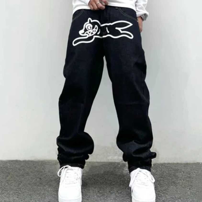 Hip Hop Flying Dog Print Jeans for Men High Street Straight Loose Wide leg Pants Fashion Baggy Trousers Male Y2K Luxury Denim W250115