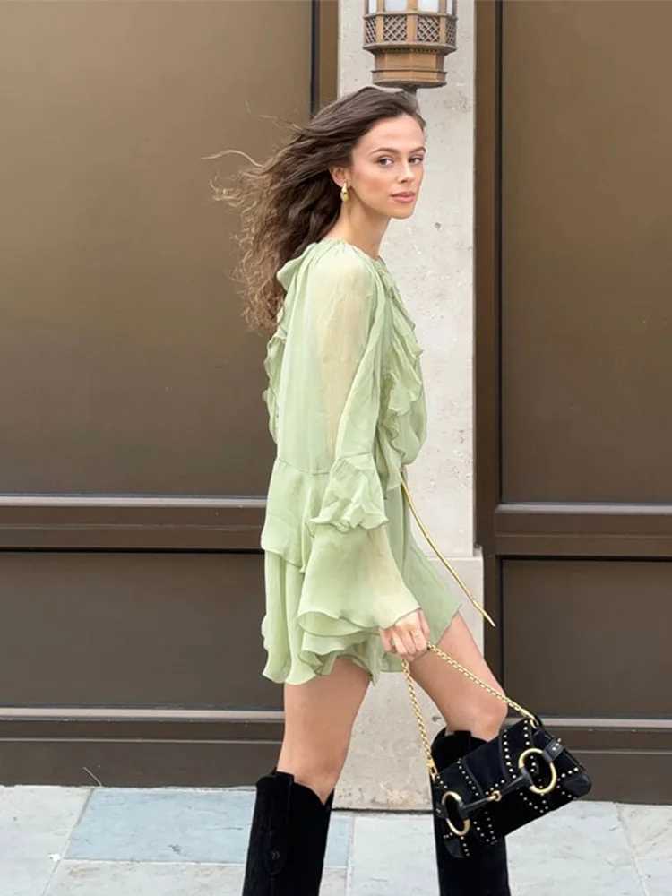 Ele Women Green Irregular Ruffles Loose Mini Dress Fashion O Neck Full Sve Short Vestidos Spring Summer Chic Lady DressesXJ250115