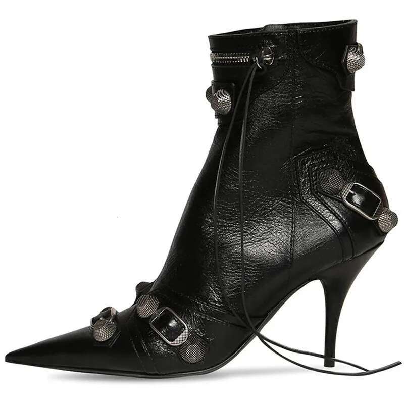 Sexy Gold Sliver Ankle New Metal Buckle Rivet High Thin Heels Pointed Toe Tassels Zipper Short Boots For Women