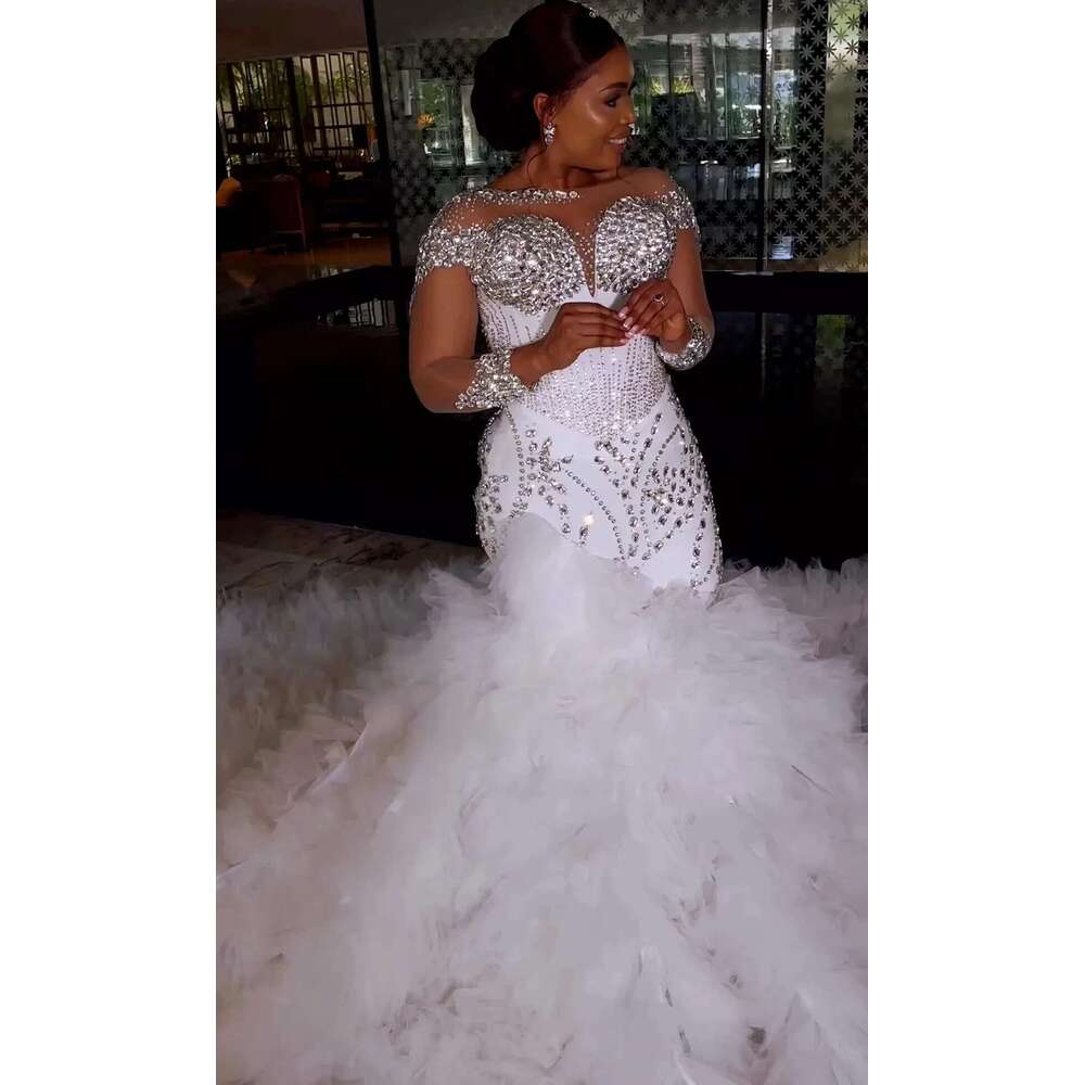 Customized Arabic Aso Ebi Plus Size Mermaid White Wedding Dress For Bride Tiers Tulle Crystals Beaded Bridal Gowns Dresses 6660311