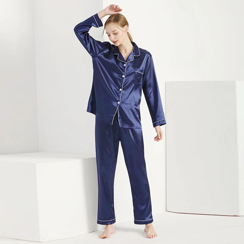 Women Satin Pajamas Cozy Lounge Set Autumn Long Sleeve Buttons Lapel Top Pants Loungewear 2 Piece Sleepwear ButtonDown Pj 250113