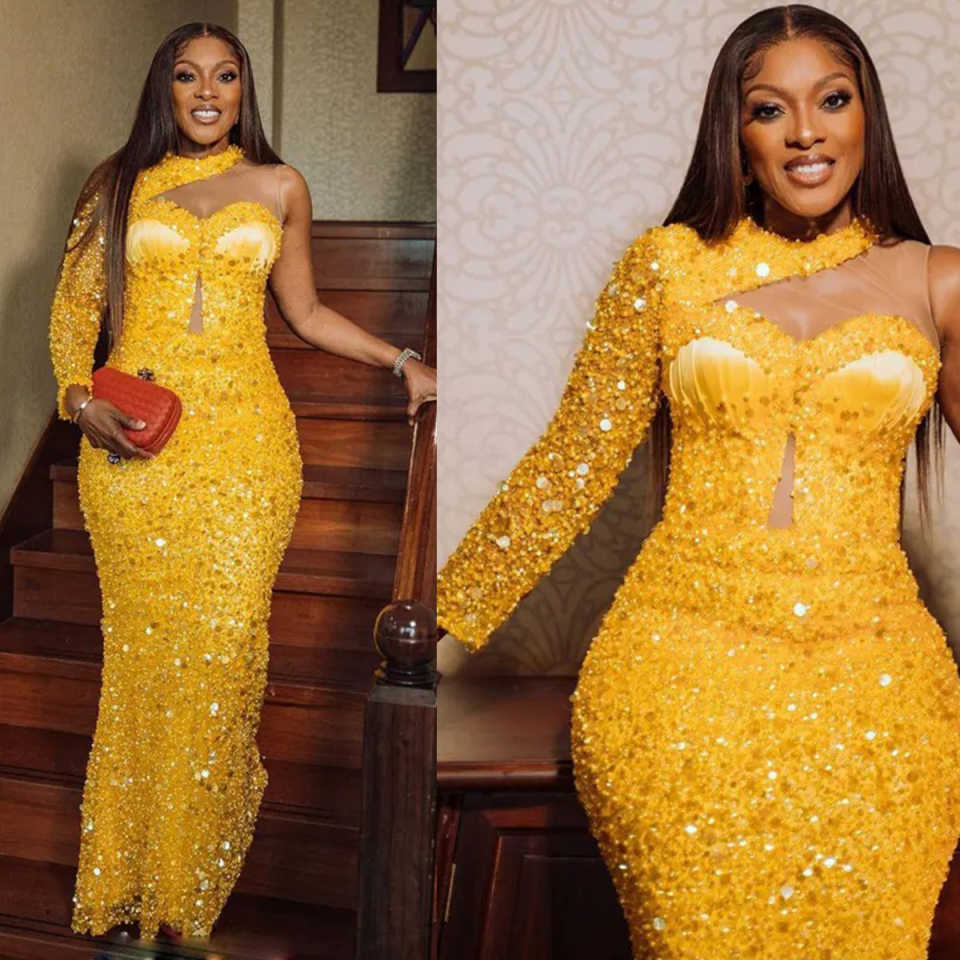 Yellow Mermaid Prom Dresses For Special Occasions Illusion One Shoulder Long Sleeves Beaded Sequined Evening Gowns