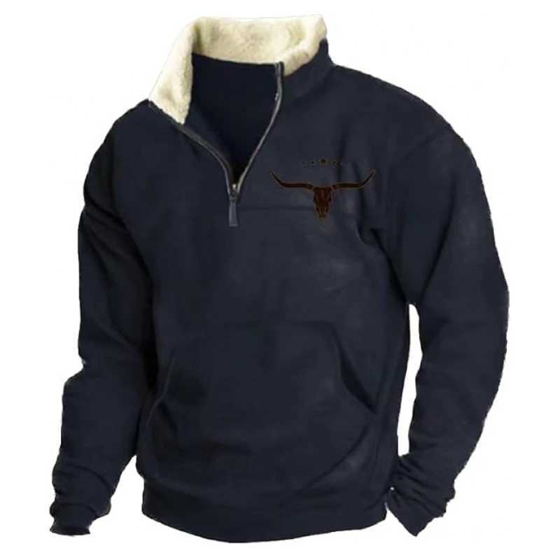 Mens Retro Bull Print Hoodie - Casual Long Sleeve Pullover with Half-Zip Stand Collar Perfect for Fall Winter Tops W250114