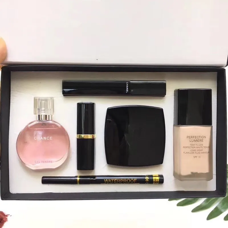 Brand 6 In 1 Perfume set Fragrance Lipsticks Eyeliner Mascara 5pcs/set Gift Box Lips Cosmetics Kit For Lady girls Christmas Gift Cologne