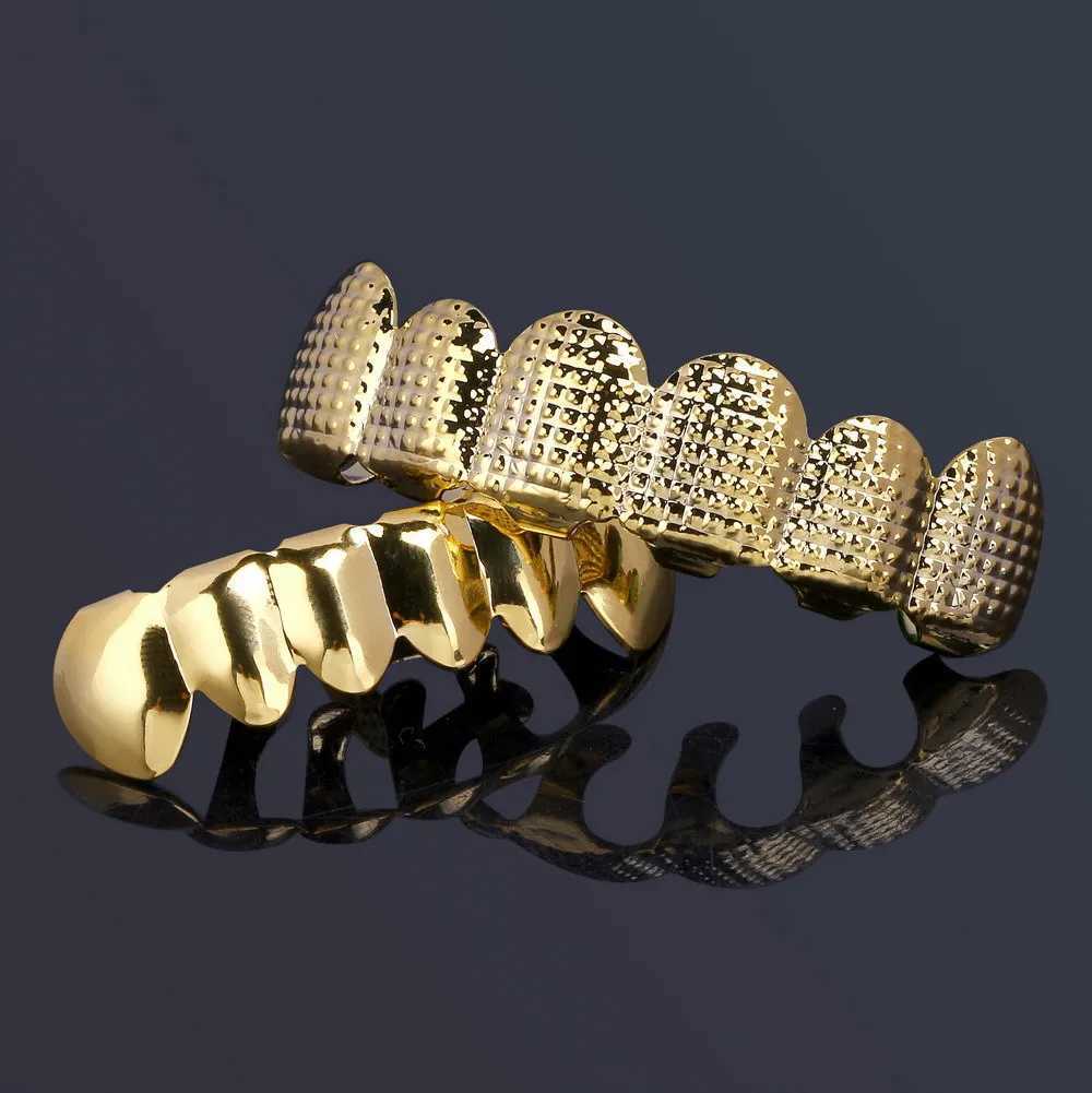 RACHELZ Punk Waffle Pattern 6/6 Teeth Grillz Hip Hop 14K Gold Plated Tooth Caps Decor For Women Men Body Jewelry GiftXJ250114